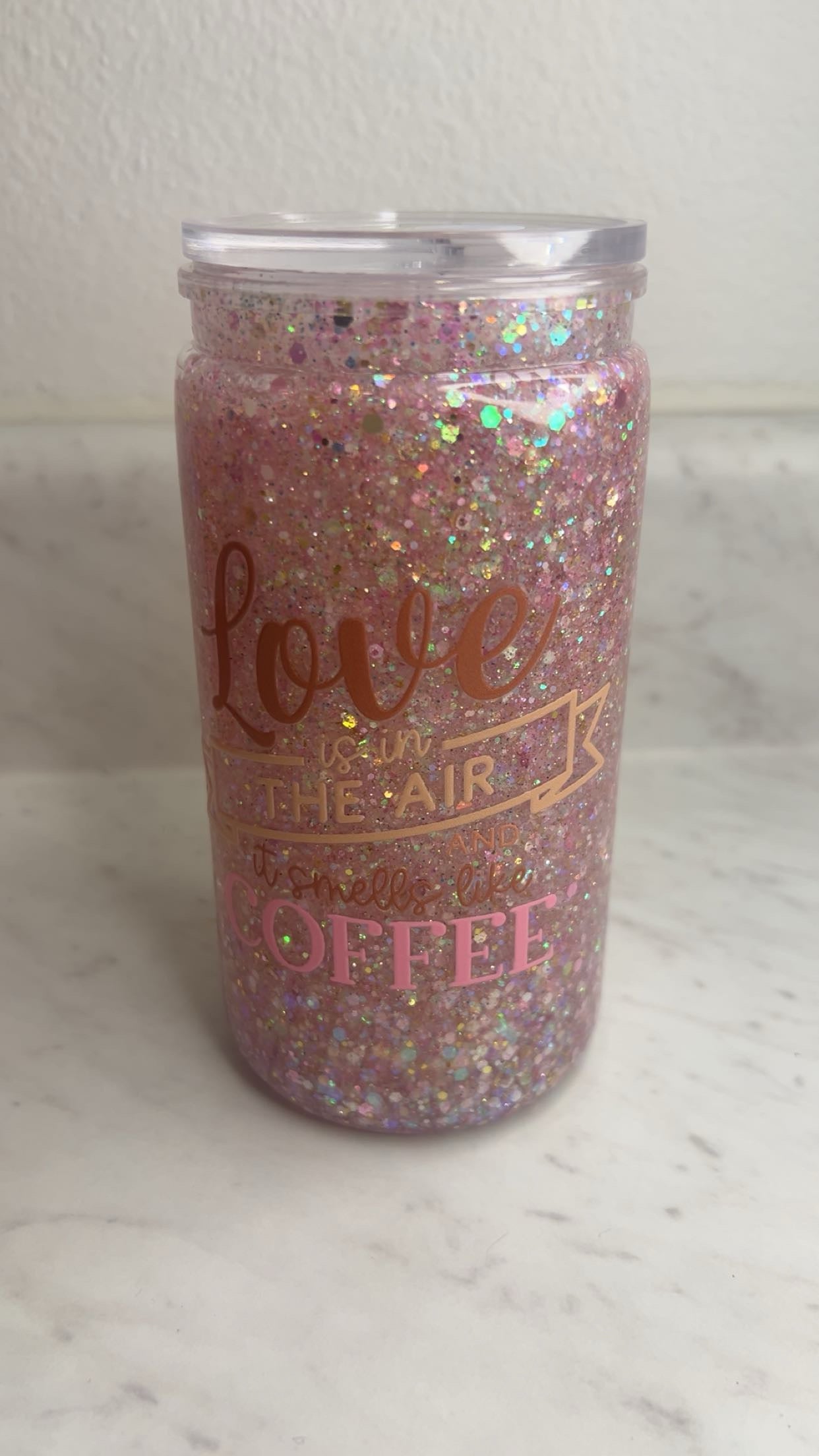 Love is in the Air & It Smells Like Coffee | 16oz Glitter Tumbler | Handmade Cup