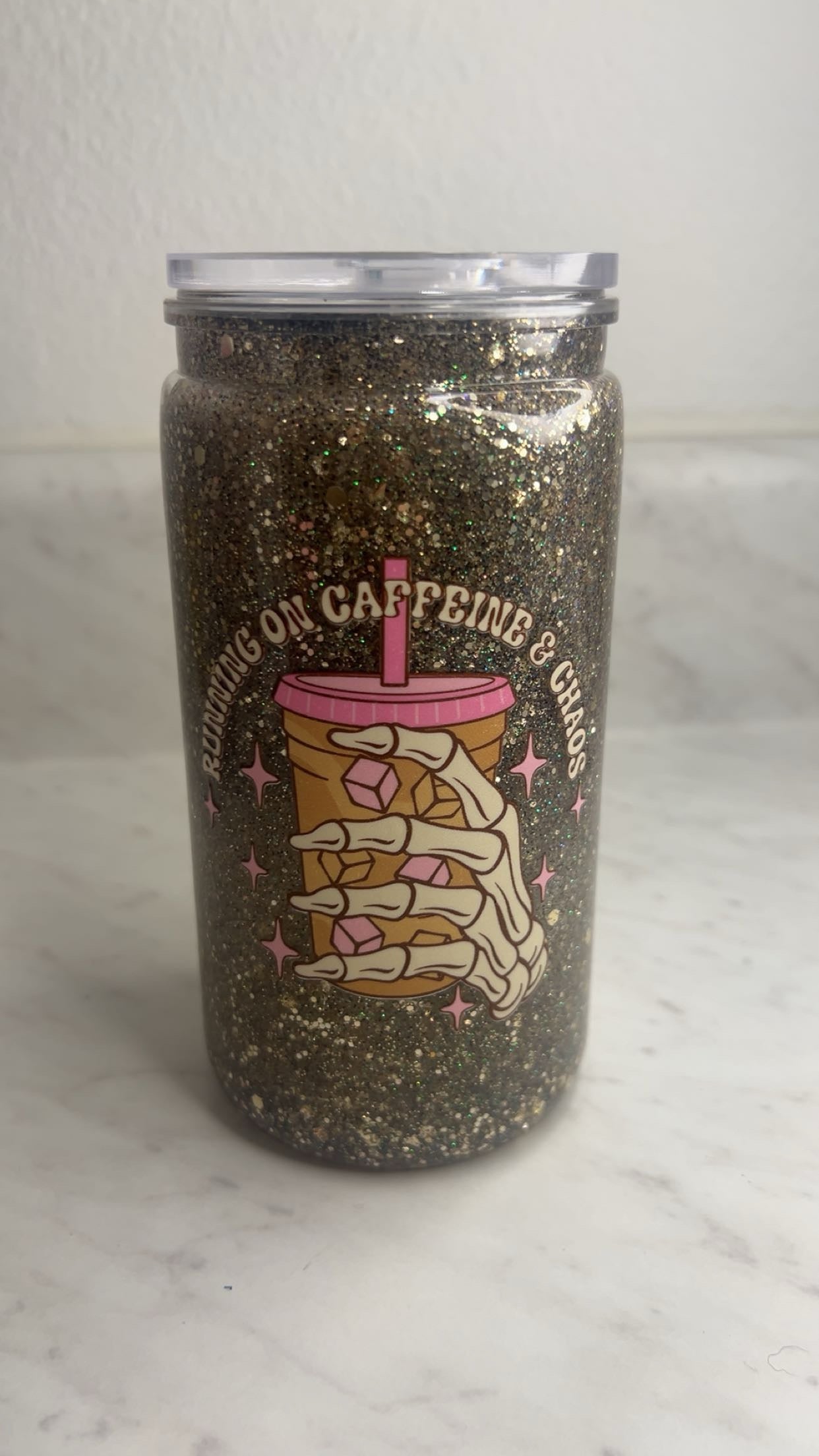 Running on Caffeine & Chaos | 16oz Snow Globe Tumbler | Glitter Cup