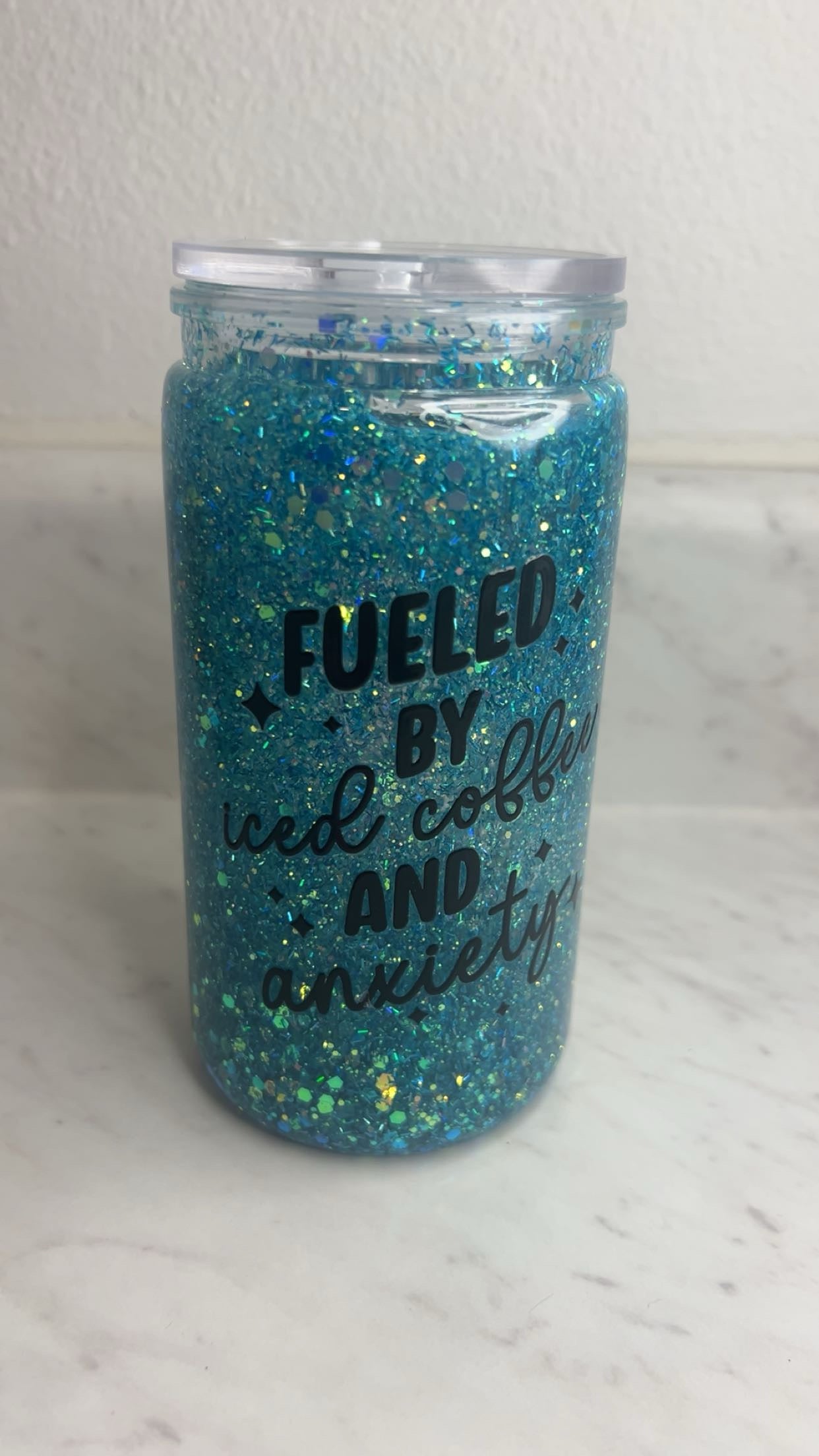 Fueled by Iced Coffee & Anxiety | 16oz Quick Glitter Tumbler | Handmade Cup