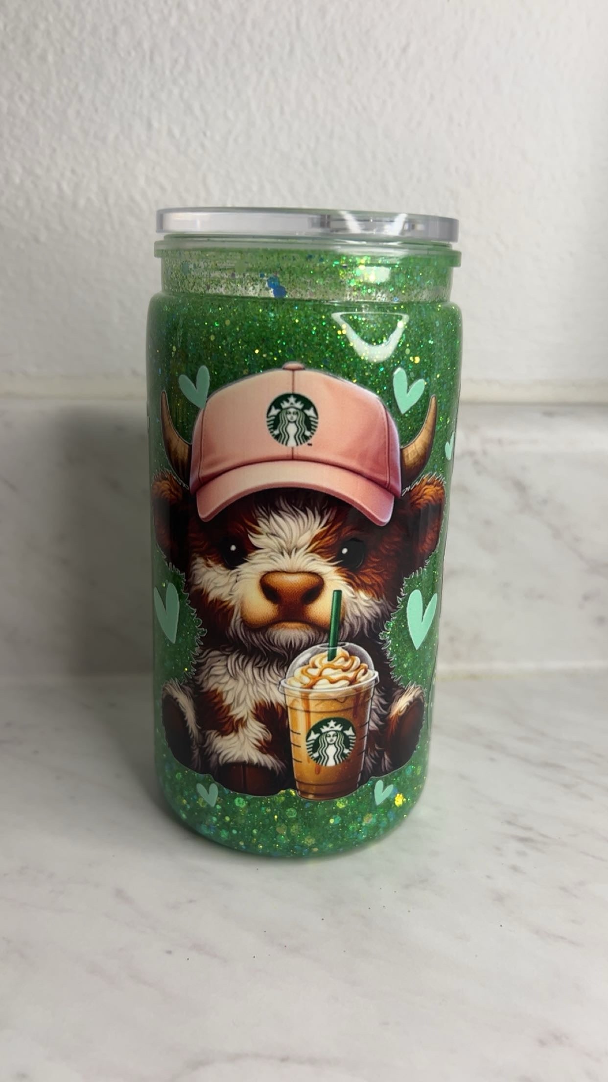 Mint Moocha | 16oz Quick Glitter Tumbler | Highland Cow Cup