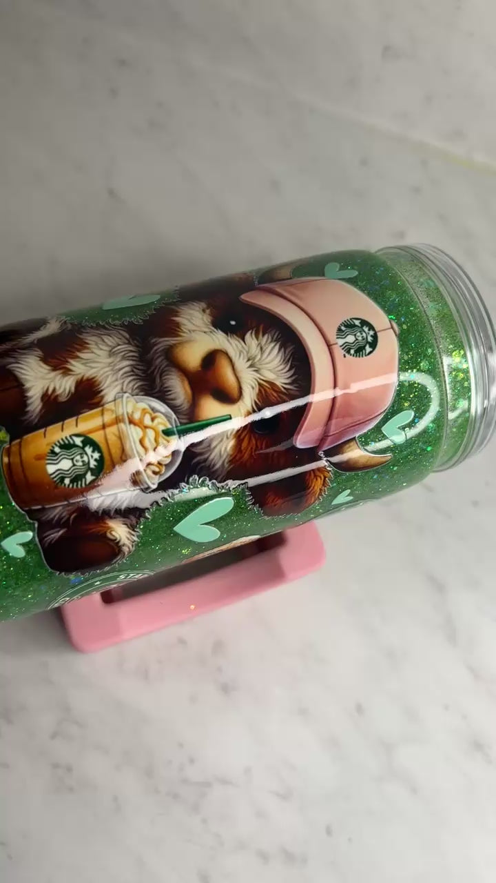Mint Moocha | 16oz Quick Glitter Tumbler | Highland Cow Cup