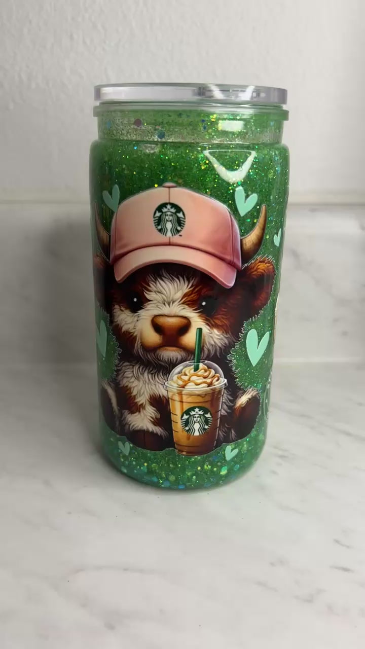 Mint Moocha | 16oz Quick Glitter Tumbler | Highland Cow Cup